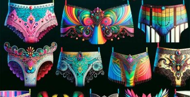 Una exhibición vibrante de ropa interior para drag queens con colores brillantes, patrones audaces y detalles extravagantes como lentejuelas y encaje