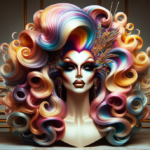 Imagen de una peluca drag queen voluminosa y dramática con colores audaces y estilismo intrincado, capturando la esencia del glamour y la expresión en la moda drag queen. comprar online