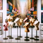 Variedad de pechos postizos de alta calidad para drag queens presentados en soportes estilosos en una boutique moderna, enfatizando diferentes tamaños y tonos de piel realistas