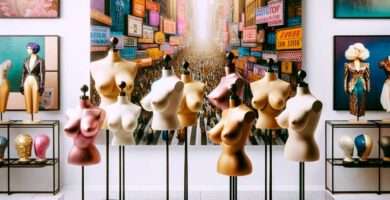 Variedad de pechos postizos de alta calidad para drag queens presentados en soportes estilosos en una boutique moderna, enfatizando diferentes tamaños y tonos de piel realistas