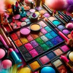 Variedad de productos de maquillaje para drag queen, incluyendo sombras de ojos brillantes, labiales audaces y resaltadores con glitter en tonos neón y dorados