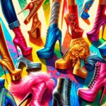 Colección de zapatos de drag queen con brillantes tacones altos y botas de plataforma en colores vibrantes como oro, azul eléctrico y rosa fuerte.