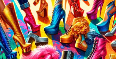 Colección de zapatos de drag queen con brillantes tacones altos y botas de plataforma en colores vibrantes como oro, azul eléctrico y rosa fuerte.