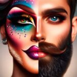 Imagen de una Drag Queen con Maquillaje Vibrante y Barba, Representando una Combinación Única de Estética Drag Flamboyante y Masculinidad Tradicional