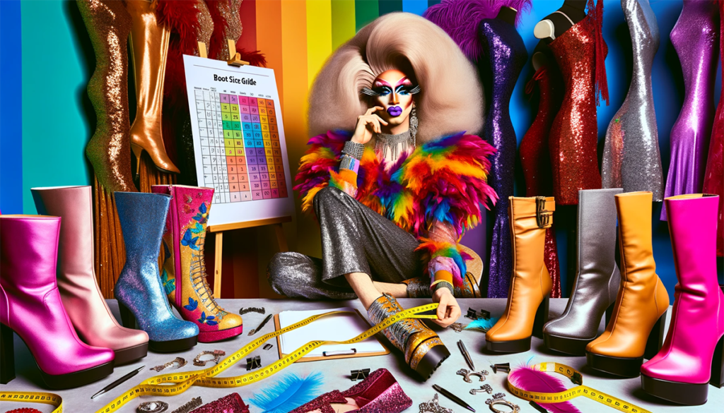"Imagen para un artículo sobre guía de tallas de botas de drag queen. En primer plano, una drag queen caucásica mide su pie, rodeada de botas coloridas. Un gráfico de tallas de fondo refleja las medidas.