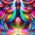 La imagen muestra un escenario de drag queen lleno de vida y color. Cortinas brillantes y luces deslumbrantes adornan el fondo, con un soporte de micrófono resplandeciente en el centro. El escenario está decorado de manera extravagante, reflejando el espíritu vibrante y expresivo de la cultura drag. La atmósfera transmite una celebración de la autoexpresión y el espectáculo.