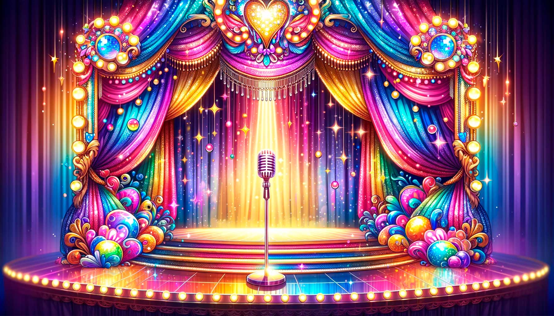 La imagen muestra un escenario de drag queen lleno de vida y color en formato cuadrado. Cortinas chispeantes y luces deslumbrantes crean un fondo espectacular, con un soporte de micrófono reluciente en primer plano.