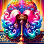 Soporte de peluca colorido y brillante diseñado para drag queens, mostrando un estilo extravagante y glamuroso