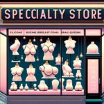 Vitrina elegante que exhibe variedad de formas de seno de silicona para drag queens, indicando especialidad en accesorios para drag queens.