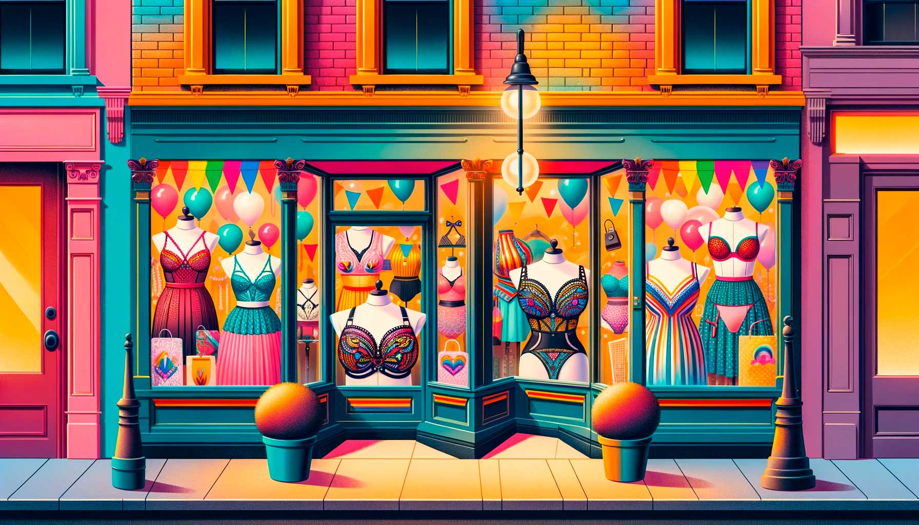 Fachada vibrante y colorida de una tienda especializada en accesorios para drag queen, destacando formas de seno de silicona con sujetadores en una variedad de estilos y tamaños.